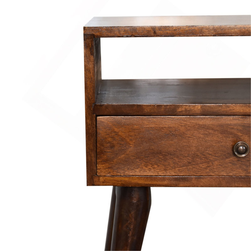 Table de chevet moderne en bois massif de châtaignier, 1 tiroir, 1 fente ouverte, pieds nordiques
