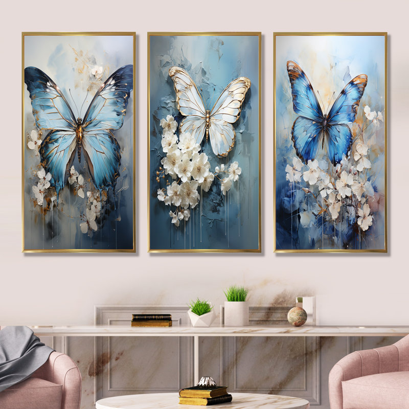 Butterfly Ethereal Blues Form Abstract Elegance, Gold Floater Framed, 40" H x 60" W