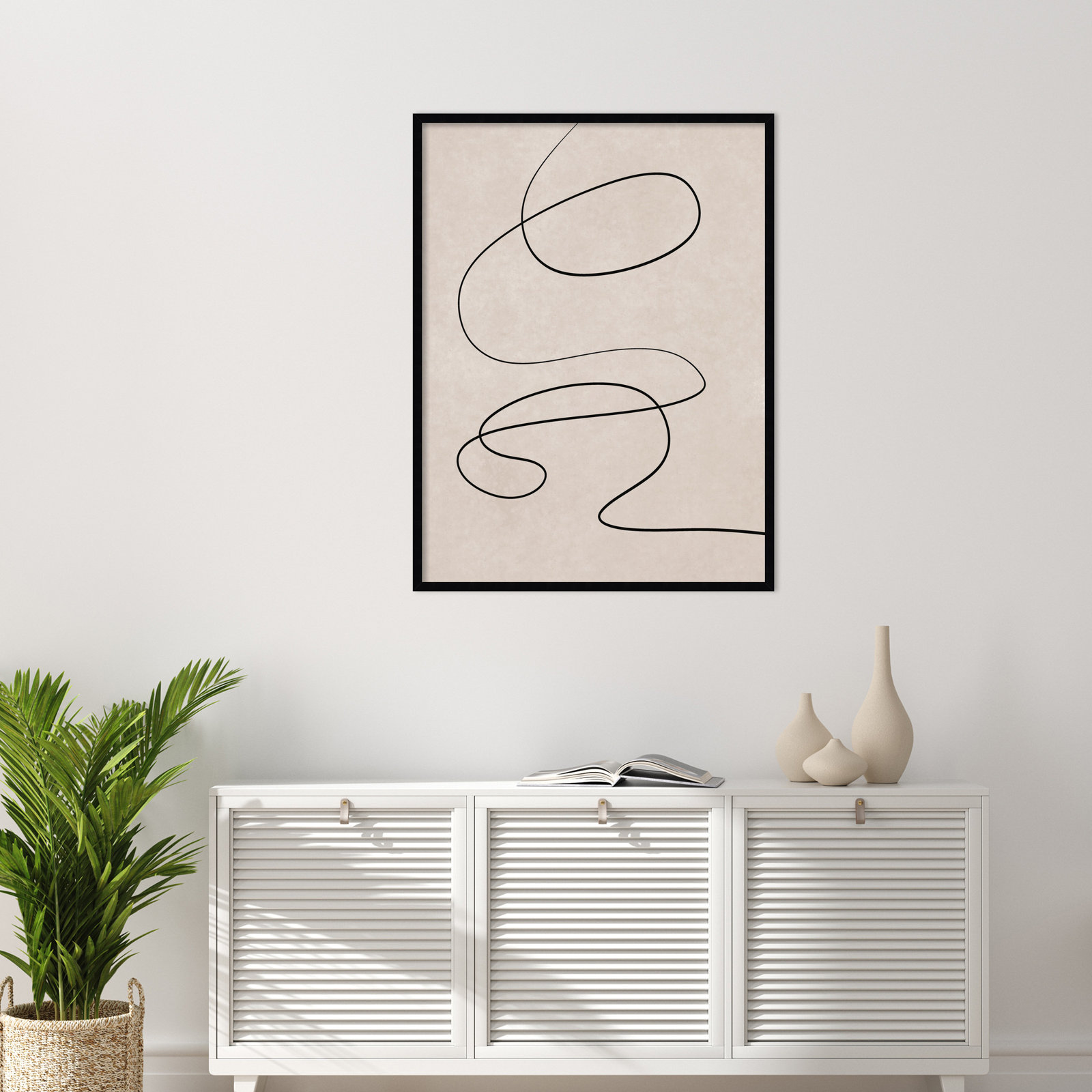 Black Line and Textured Beige Print, 41" H x 31" W, Black