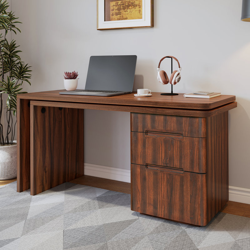 Bureau moderne en L avec 3 tiroirs, Walnut