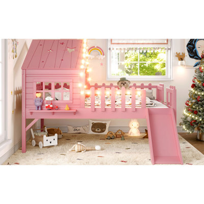 Lit mezzanine rose pleine grandeur avec toboggan, lumières DEL en forme d'étoile, fenêtre pour une maison de jeu confortable et amusante, coin-lumière