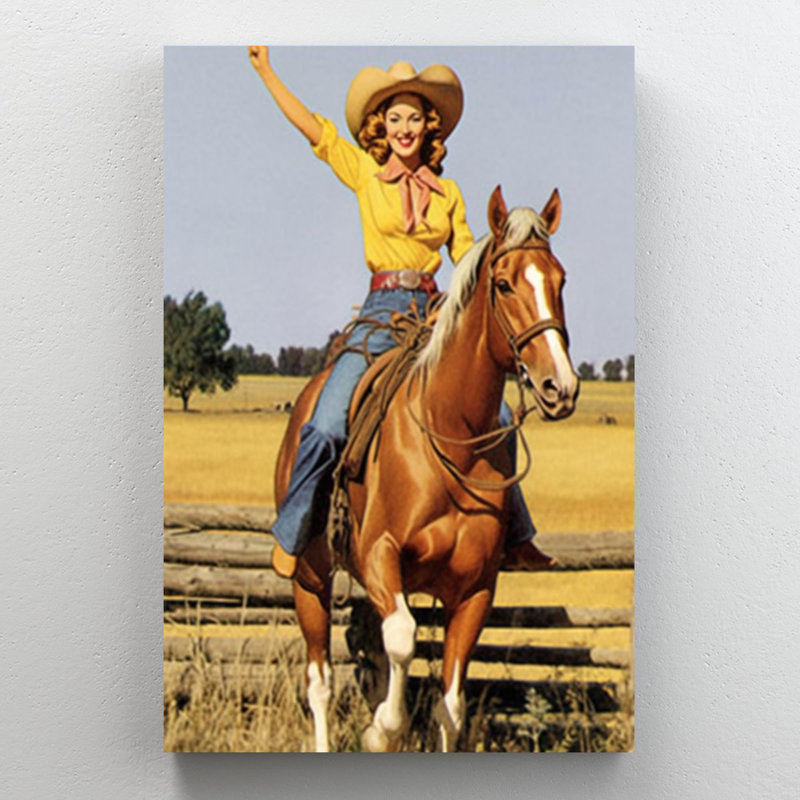 Cowgirl chevauchant un cheval - 1 pièce, impression rectangle, H 14 po x l 11 po x P 1,25 po