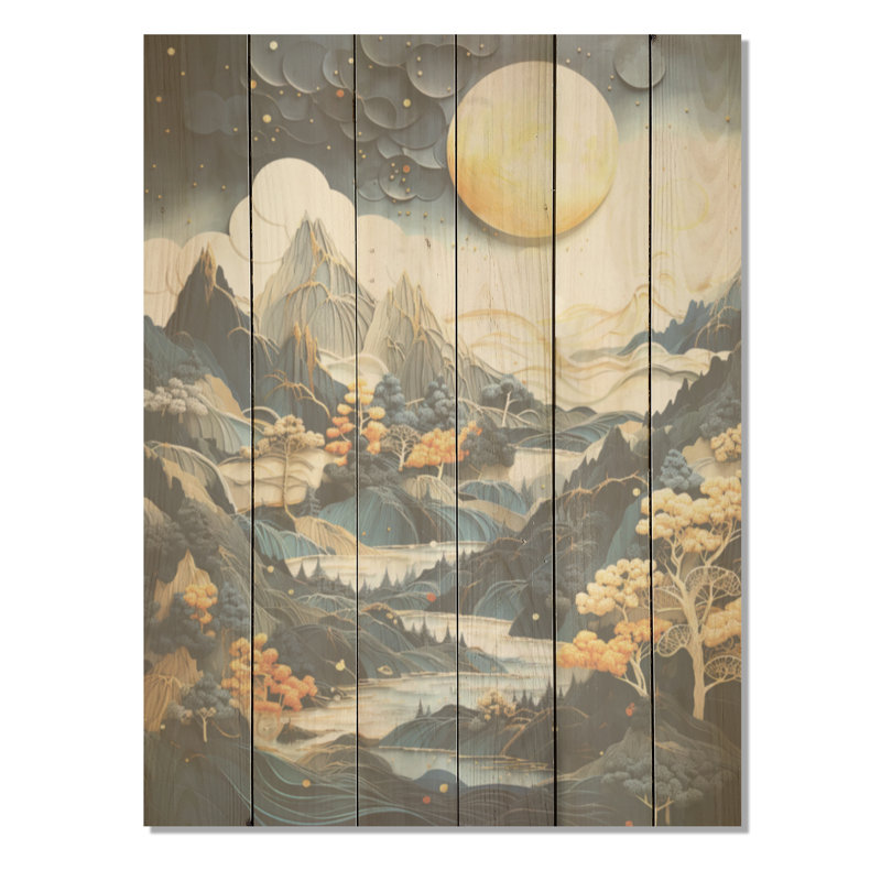 Montagne, lune orageuse - montagnes, art sur bois de pin naturel, H 20 po x l 10 po