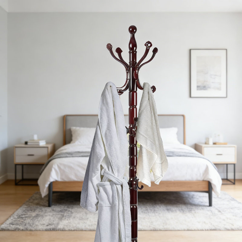Freestanding Wood Coat Rack With 14 Hooks And Heavy-Duty Base, Sturdy Entryway Hallway Bedroom Organizer For Coats, Hats, Bags, And Umbrellas