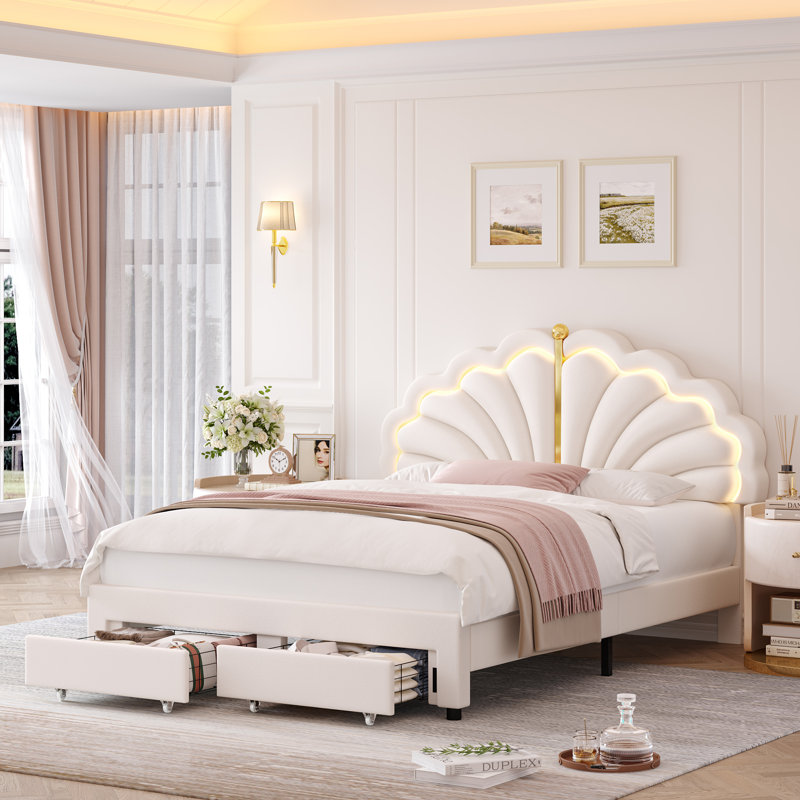 Upholstered Platform Bed with LED Lights and Drawers, Full / Double, White