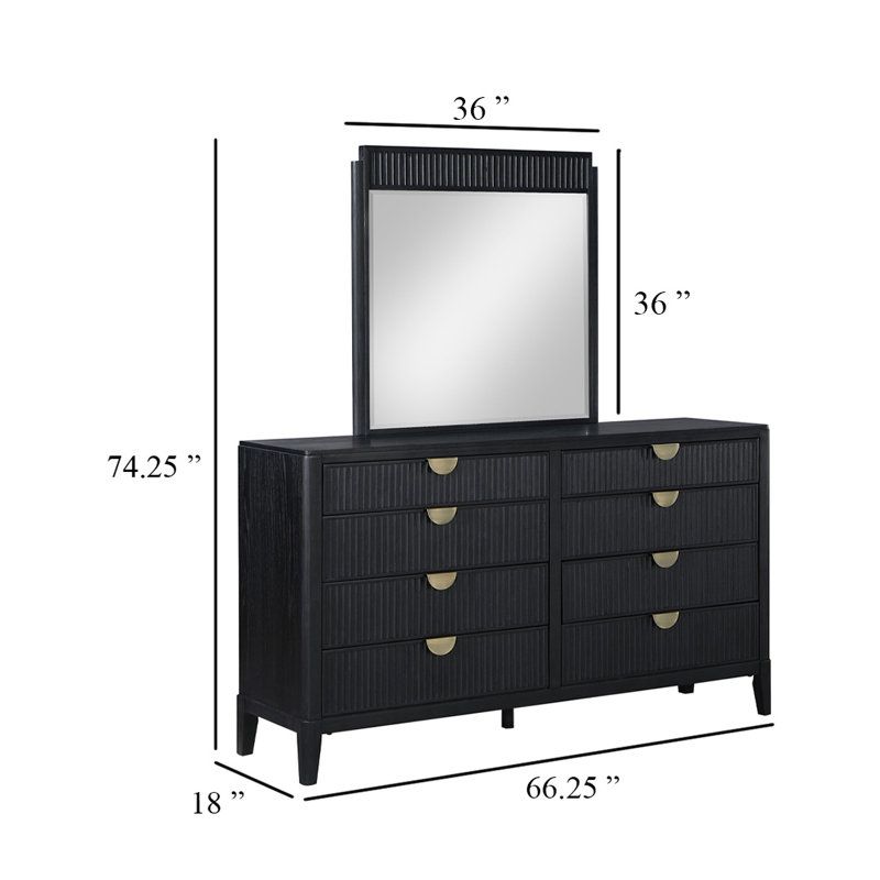 Commode large Jack avec miroir, 8 tiroirs, structure en bois noir