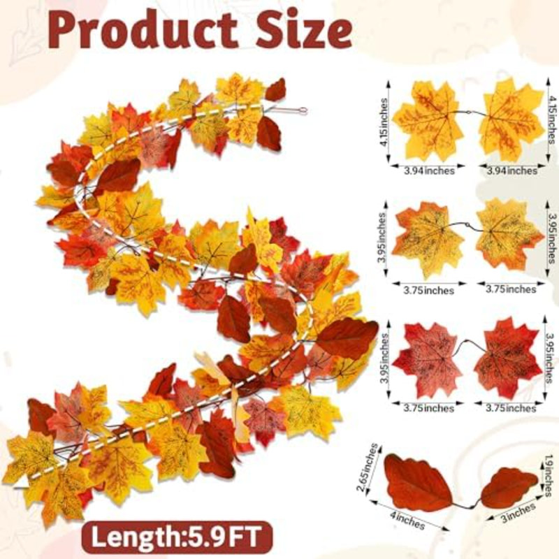 Guirlande d'automne, paquet de 2 guirlande de feuilles d'automne de 11,8 pi avec 4 crochets, décorations d'automne suspendues en érable artificiel pour la maison, décoration d'automne de l'Action de grâce pour le manteau de cheminée de fête de mariage en plein air