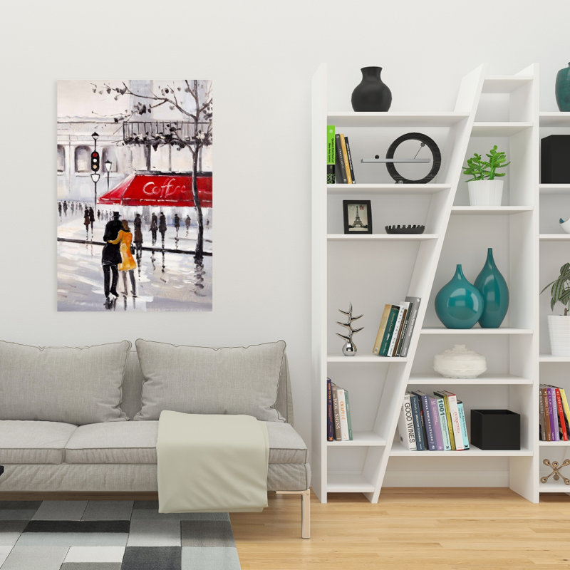 Toile de paysage de rue beige | Couple marchant près d'un café
