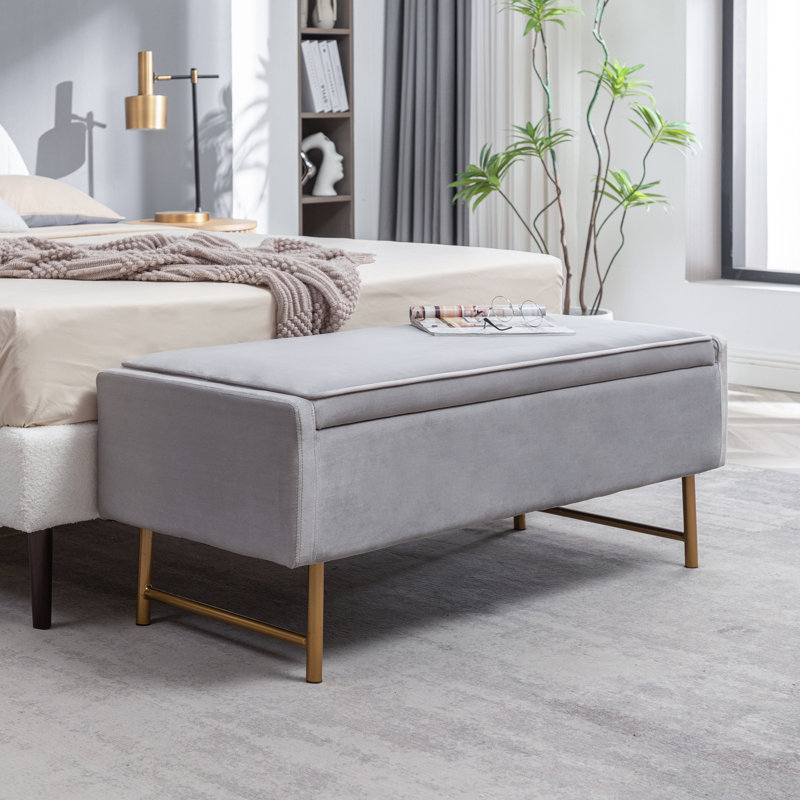 Mercer41 Helge Velvet Storage Bench with Gold Metal Legs, Gray