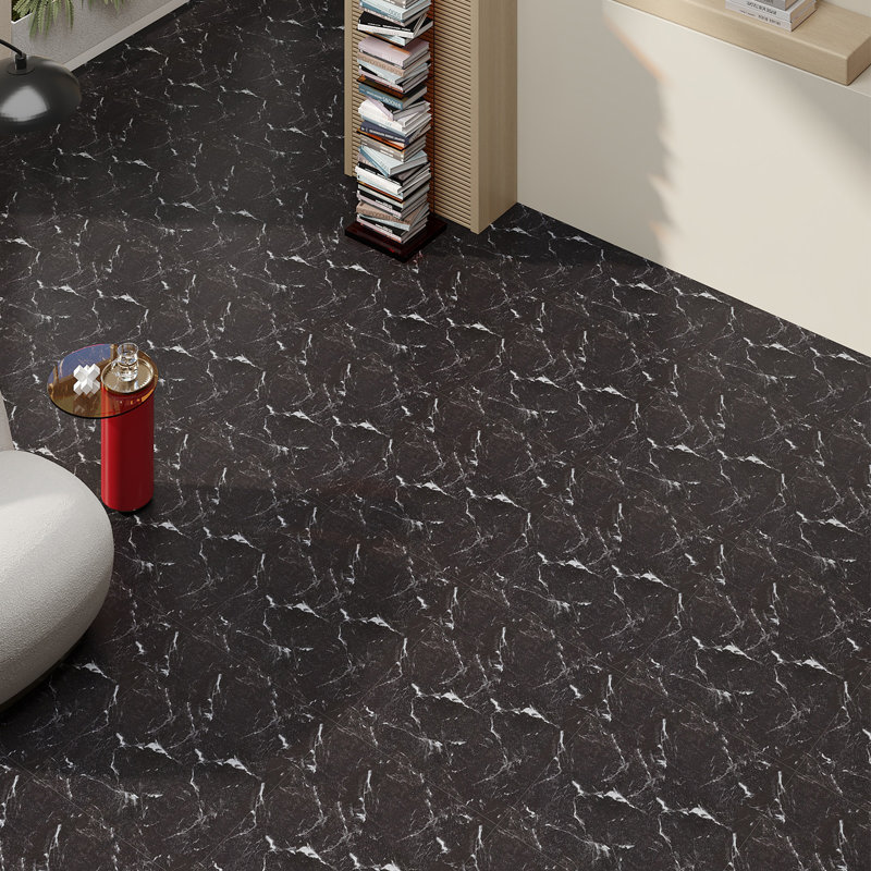 10Pcs Self-adhesive PVC Flooring Tiles Set, Marble Look, Black