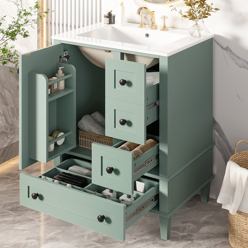 Armoires de meuble-lavabo de 24 pouces avec lavabo en céramique, tiroirs à fermeture en douceur et nivellement réglable pour plus de stabilité avec lavabo et rangement personnel