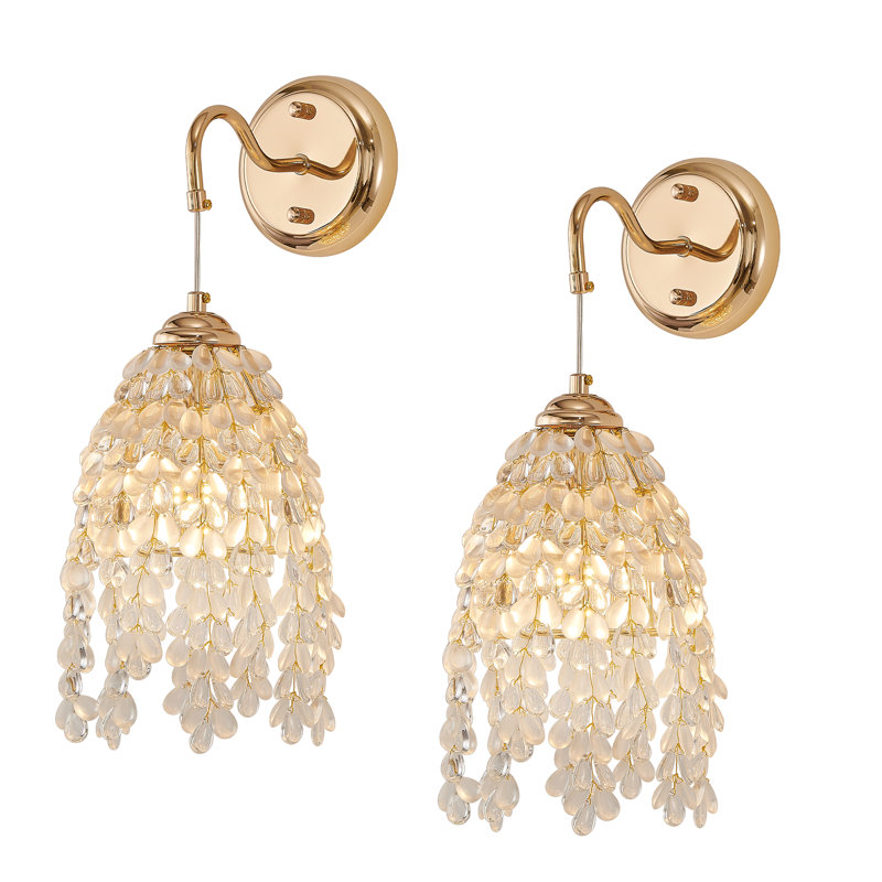 Set Of 2 Elegant Gold Wall Sconces With Crystal Grape Beads – E12 Socket, For Living Room, Bedroom, Hallway (Bulbs Not Included)