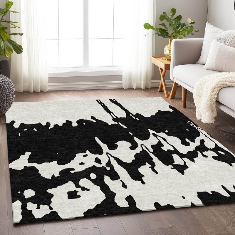 Premium Machine Washable Prisco Black Rug, Rectangle 3' x 5'