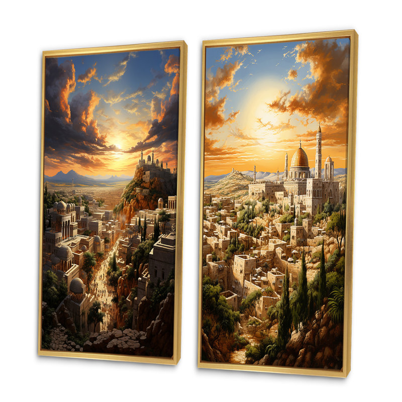 Judaïsme, paysage urbain de Jérusalem "Judaïsme, paysage urbain de Jérusalem", 2 pièces, Encadrement doré, H 32 po x l 32 po