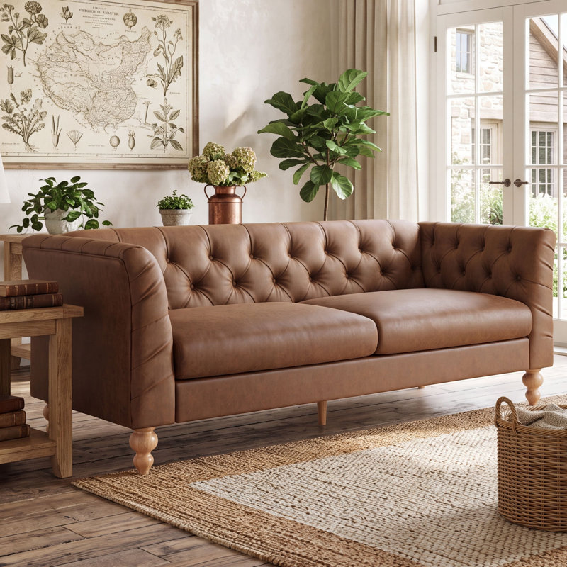 Canapé Chesterfield traditionnel Ivarn de 187 cm de large, recouvert de PU, avec dossier capitonné en losanges, accoudoirs évasés et pieds en bois d'hévéa
