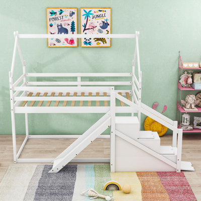 Wood Twin Over Twin Bunk Bed With Slide, Staircase And Storage by Harper Orchard