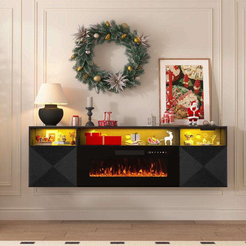 71" Floating TV Stand With 36" Electric Fireplace, Wall Mounted Entertainment Center With Power Outlets For Tvs UP To 80", TV Media Console For Small Sapces, Living Room, Black
