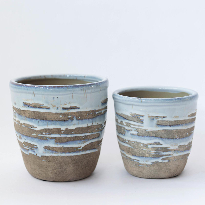 Rustic Brown and Blue Ceramic Striped Planter