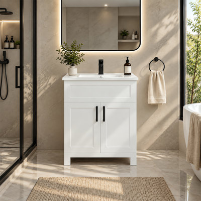 304 Stainless Steel Bathroom Vanity with Sink, 24 Inch, Bathroom Sink Cabinet with Soft Close Doors & Drawers for Bathroom, White