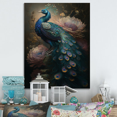 Peacock with Flowers - Print on Canvas