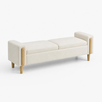 Banc de rangement moderne capitonné avec double couvercle, repose-pieds en tissu chenille avec accoudoirs, banquette-lit robuste avec pieds en bois d'hévéa durable