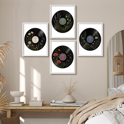 Ensemble de 4 reproductions d'art encadrées murales - Disque vinyle vintage botanique pour salon