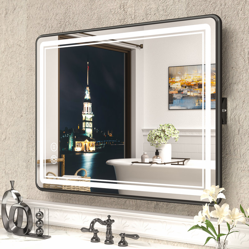 Demetrion Rectangle Lighted Pivot Bathroom Vanity Mirror with Anti-fog and 3 Adjustable Color, Matte Black, 36" x 28"
