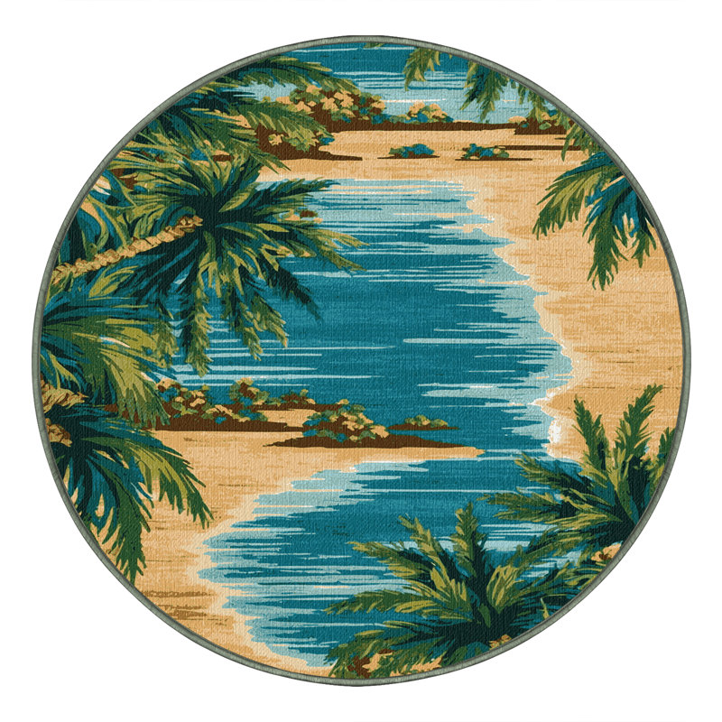 Washable Island Pattern Coastal Area Rug, Round 8'