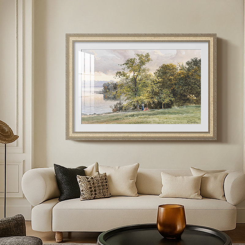 Paysage au lac Starnberg, 1890 - Edward Theodore Compton - Toile encadrée sur mesure, Feuille de champagne en relief, Yes