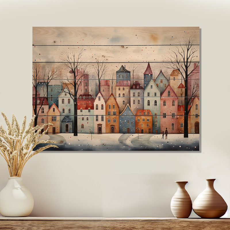 Multicolor Frosty City In Winter III - Paysage d'hiver sur bois, H 10 po x l 20 po x P 0,78 po
