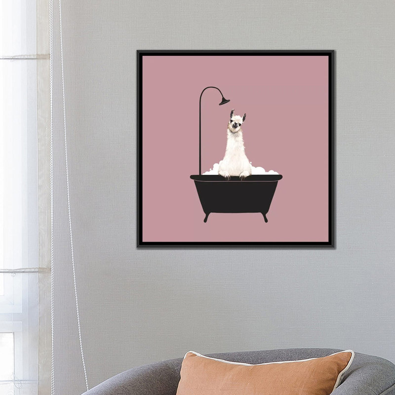 Lama dans une baignoire, H 26 po x l 26 po x P 1,5 po, Toile avec cadre noir
