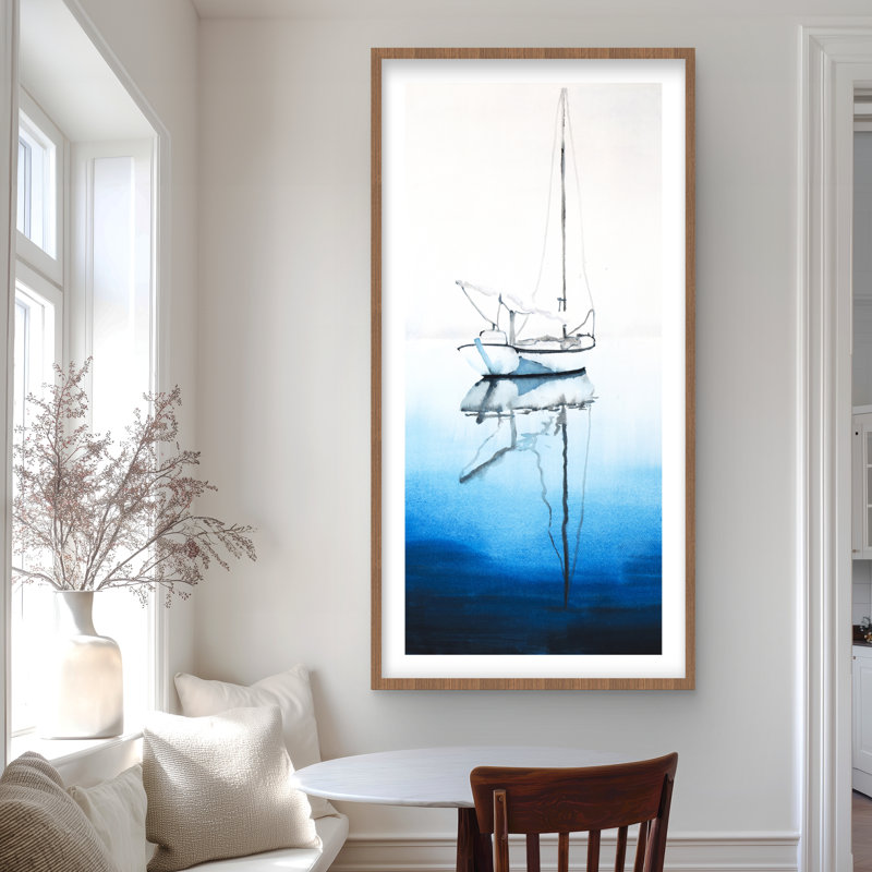 Bateau blanc sur un fond bleu profond - impression de décor de salle de bain