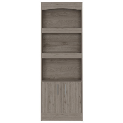 Bookcase, Three Shelves, Double Door Cabinet, Metal Hardware, Light Gray