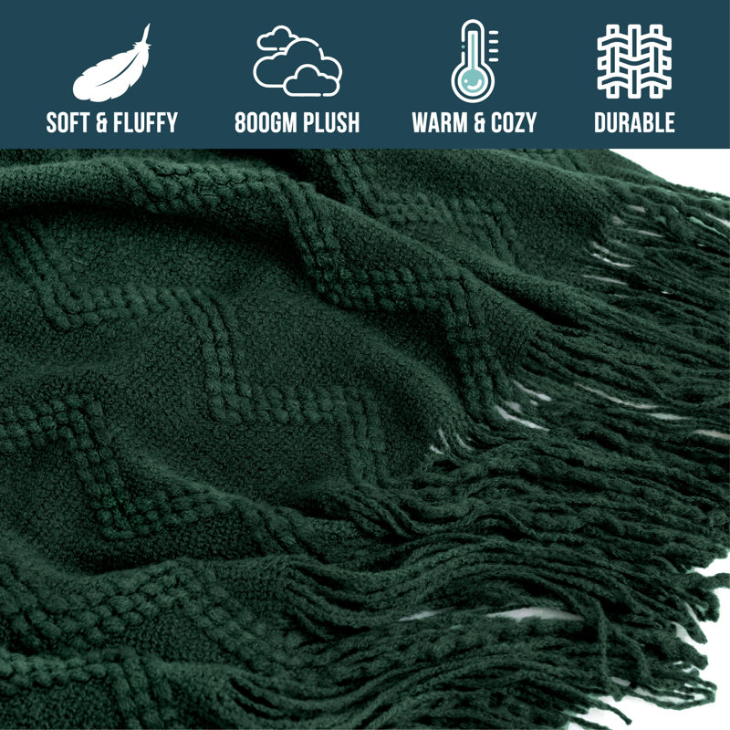 Emerald Green Twin Knitted Fleece Throw Blanket with Fringe