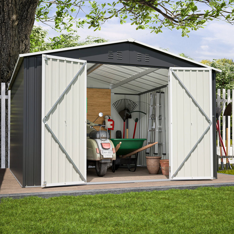 Remise de rangement extérieure 10 x 10 pi, grandes remises à outils en métal avec structure de cadre actualisée et portes verrouillables, remise de jardin pour la cour de jardin