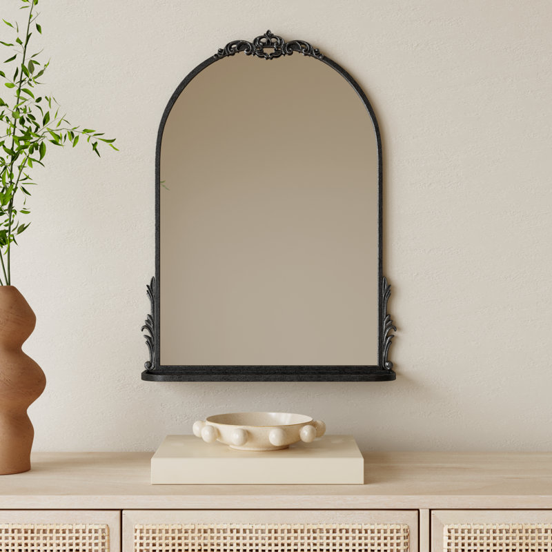 Canoby Metal Arch Mirror with Shelves, Black