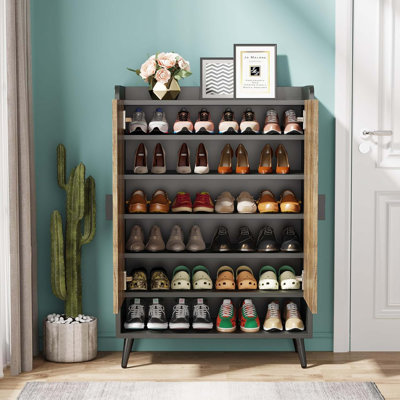 Armoire à chaussures 29,6 pouces en bois brun rustique avec portes, range-chaussures à 7 niveaux