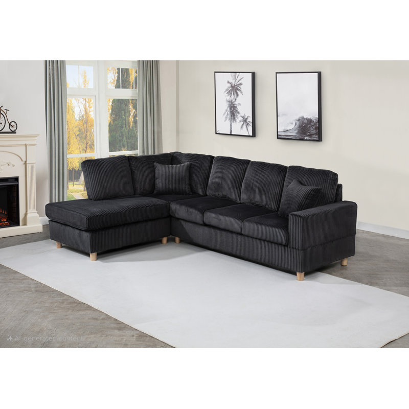 2Pc Velvet Corduroy Reversible Sectional With Drop Down Table With Cupholders, Black Velvet
