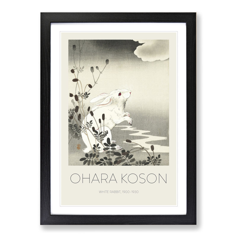 Rabbit at Full Moon Print by Ohara Koson - Picture Frame Painting, 65cm H x 48cm W x 2cm D, Black Framed