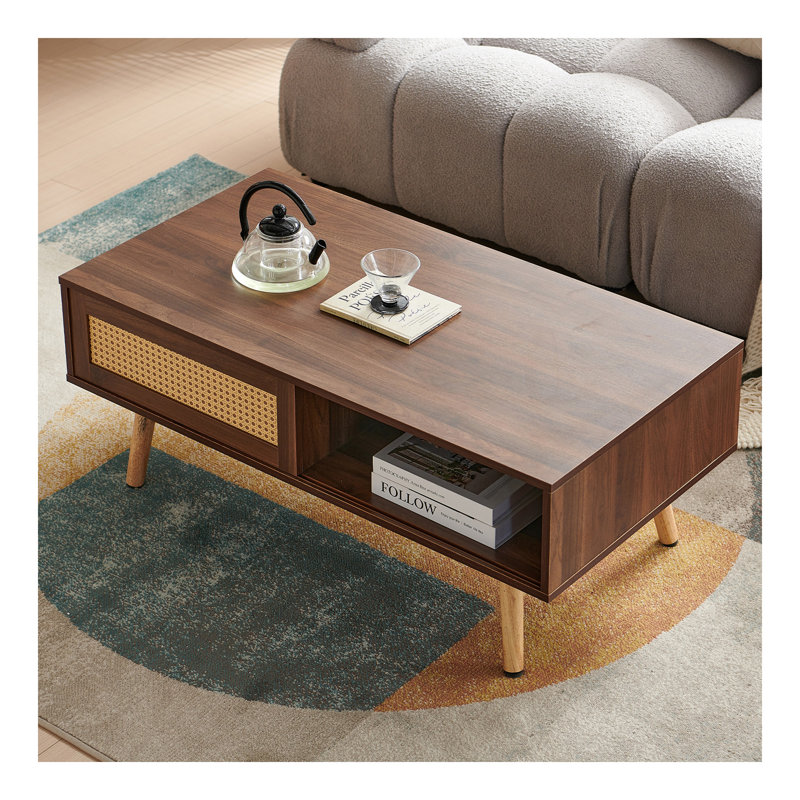 PE Rattan Coffee Table, Sliding Door For Storage, Solid Wood Legs, Modern Table For Living Room , Walnut Colour