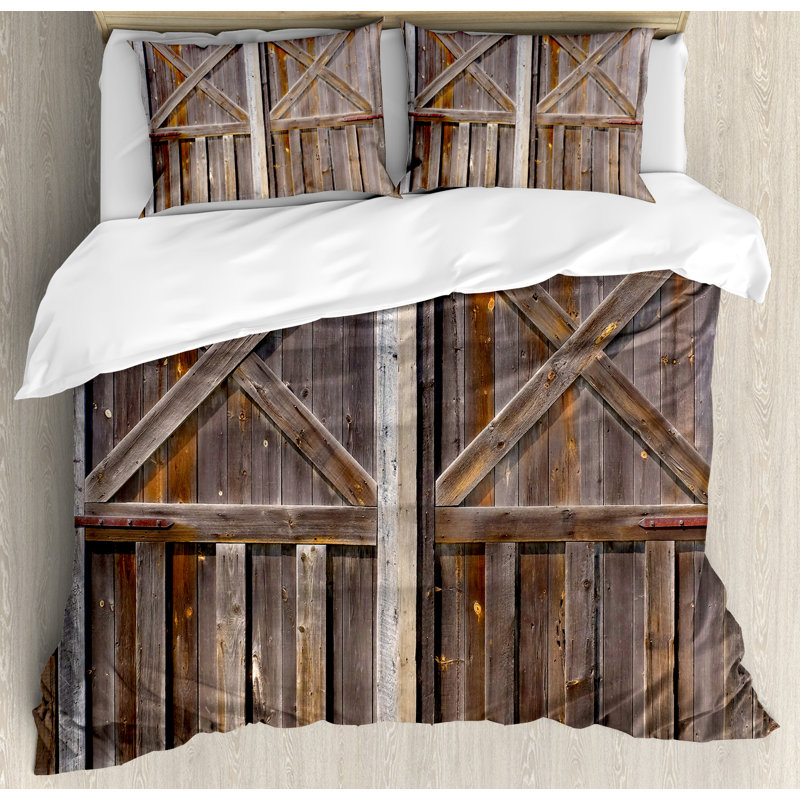 Rustic Brown Wooden Barn Door King Duvet Cover Set