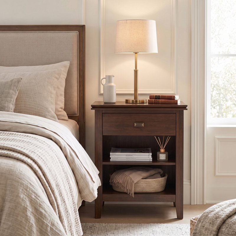 Artisan 24"W Solid Wood Contemporary Nightstand with 1 Drawer, Open Shelf Storage and Bronze Knobs, Russet Brown