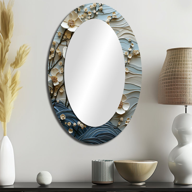 Blanc et bleu coquelicots vagues - miroir mural ovale moderne blanc, 36 po x 24 po
