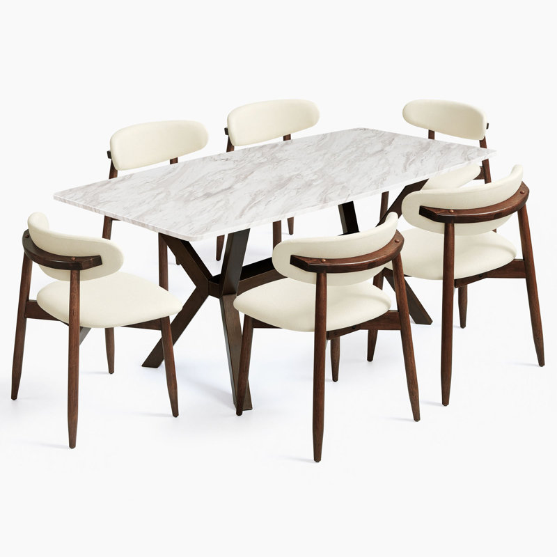 7-Piece Marble Solid Wood Dining Set With Upholstered Kitchen Chairs, 7 Pieces: Table, 6 Chairs