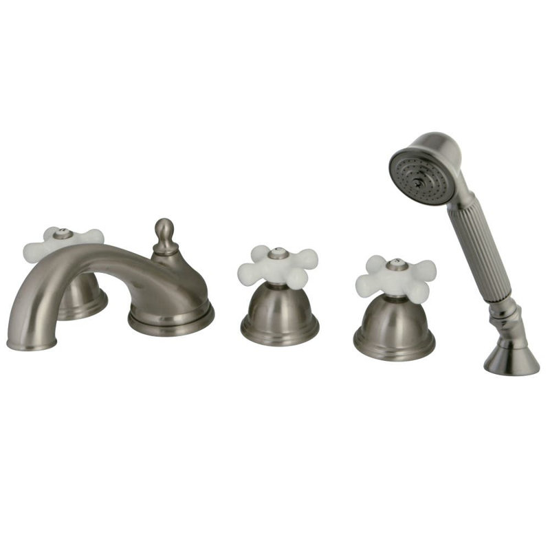 Kingston Brass Milano Three-Handle 5-Hole Deck Mount Roman Tub Faucet with Hand Shower, Satin Nickel