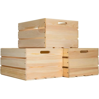3 Pieces Large Pine Wood Crates For Storage, Unfinished Natural Wooden Crates, Holds Up to 50 Pounds