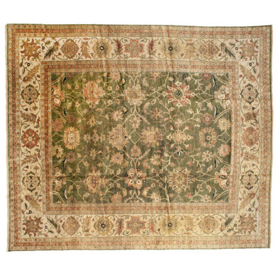 Tapis unique en laine noué à la main vert / beige 12 pi x 14 pi 7 po