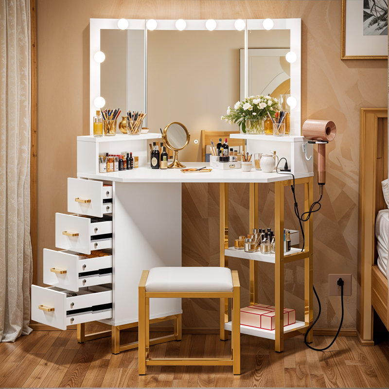 White and Gold Corner Vanity Desk with Tri-Fold Mirror and LED Lights