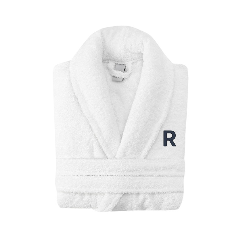 Peignoir monogramme en coton turc châle, R, Blanc
