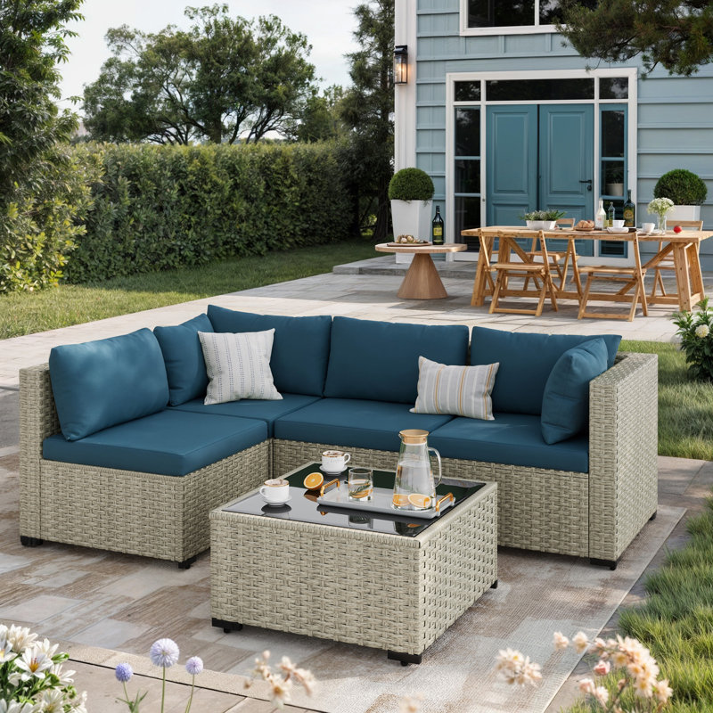 Ensemble de conversation pour patio 5 pièces en rotin avec coussins, Bleu paon